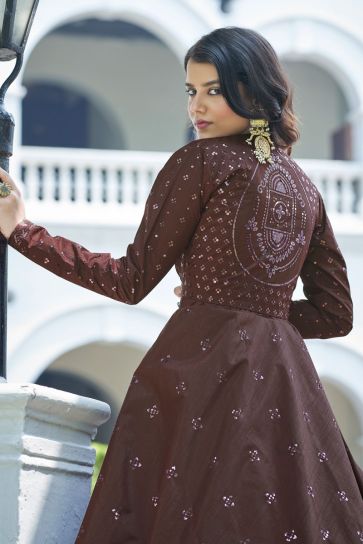 Brown Color Party Look Aristocratic Gown With Koti In Cotton Fabric