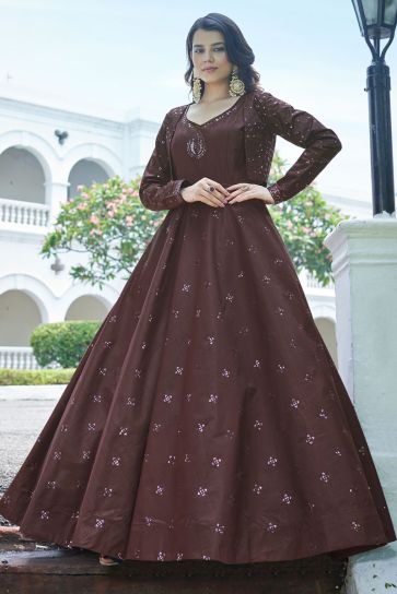 Brown Color Party Look Aristocratic Gown With Koti In Cotton Fabric