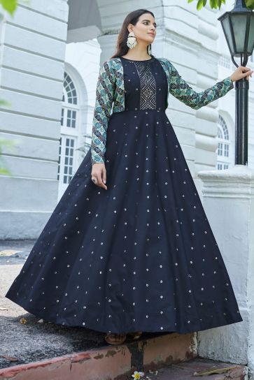 Party Look Cotton Fabric Blue Color Sensational Gown With Koti