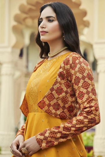 Cotton Fabric Mustard Color Fabulous Gown In Party Wear