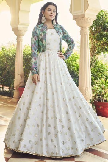White Color Cotton Fabric Tempting Gown In Party Wear
