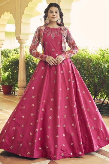 Enticing Party Style Rani Color Cotton Fabric Gown