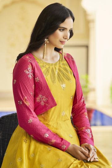 Elegant Yellow Color Cotton Fabric Party Style Gown