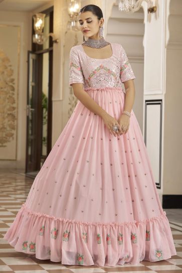 Georgette Fabric Pink Color Party Wear Pleasance Gown