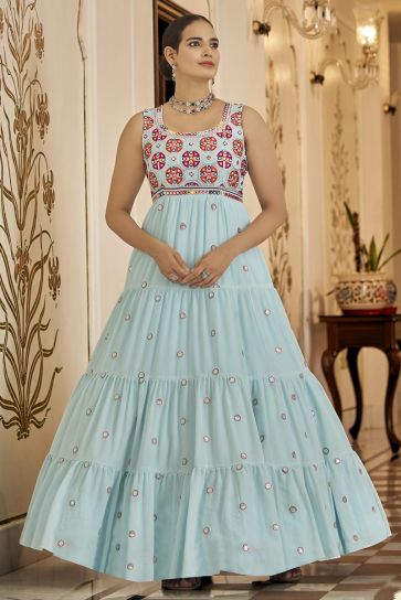 Marvelous Georgette Fabric Party Wear Gown In Light Cyan Color