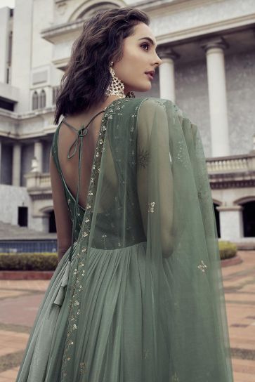 Enticing Sequins Work Sea Green Chinon Fabric Gown With Dupatta