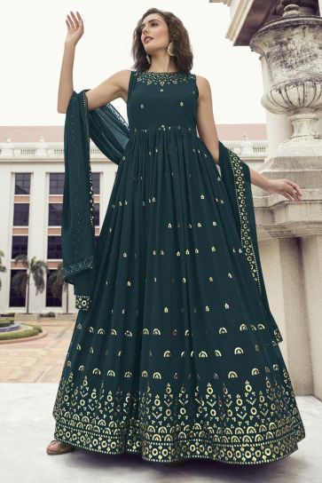 Fantastic Georgette Fabric Teal Color Gown With Dupatta