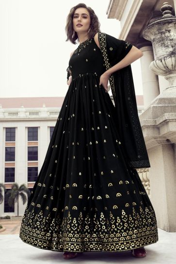 Charming Black Color Georgette Fabric Gown With Dupatta