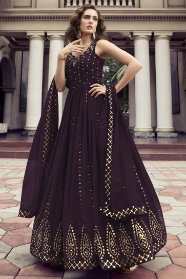 Ingenious Georgette Fabric Gown With Dupatta In Wine Color