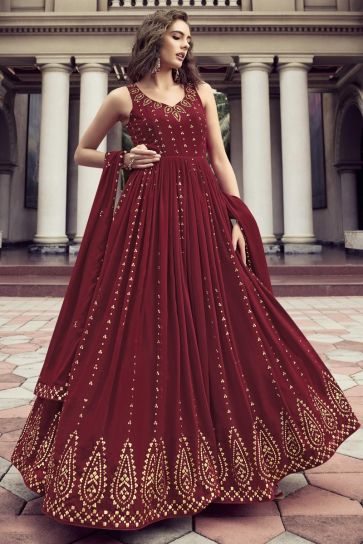 Captivating Maroon Color Georgette Fabric Gown With Dupatta