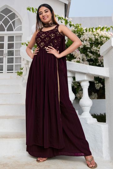 Georgette Embroidered Palazzo Suit In Purple