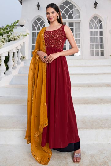 Georgette Embroidered Palazzo Suit In Red