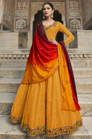 Specialised Georgette Yellow Sequins Work Floor Length Gown
