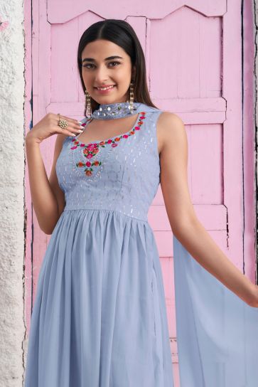 Sky Blue Color Wonderful Readymade Palazzo Suit In Georgette Fabric