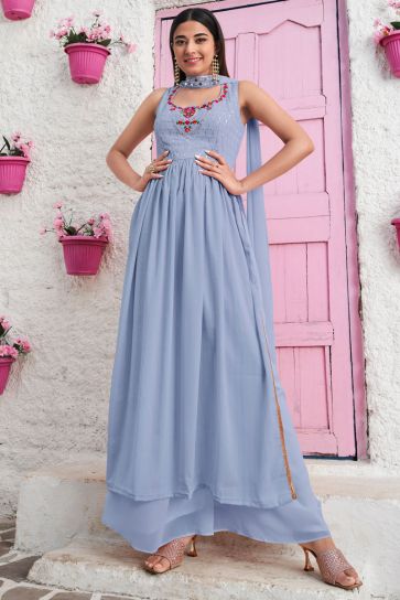 Sky Blue Color Wonderful Readymade Palazzo Suit In Georgette Fabric