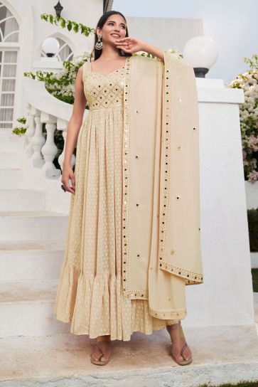 Georgette Fabric Embellished Cream Color Readymade Palazzo Suit