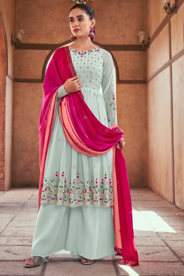 Light Cyan Color Georgette Fabric Glamorous Look Readymade Palazzo Suit