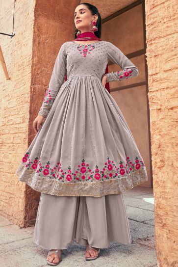 Georgette Fabric Grey Color Stylish Look Readymade Palazzo Suit
