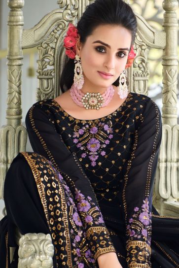 Excellent Georgette Fabric Black Color Readymade Palazzo Suit