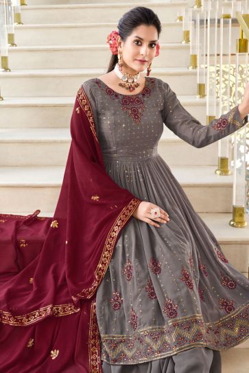 Grey Color Georgette Fabric Elegant Readymade Palazzo Suit