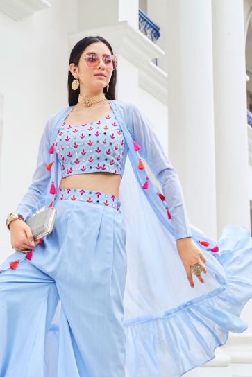 Fashionable Georgette Sky Blue Color Embroidered Palazzo Suit with Koti