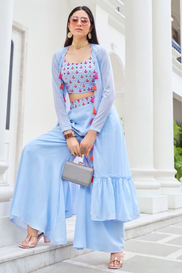 Fashionable Georgette Sky Blue Color Embroidered Palazzo Suit with Koti