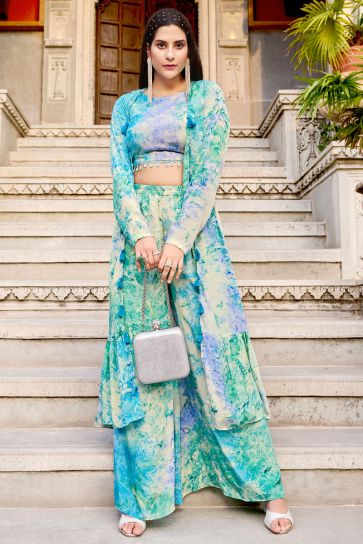 Intricate Art Silk Readymade Palazzo Suit With Koti In Sky Blue Color