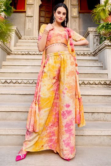Divine Yellow Color Art Silk Readymade Palazzo Suit With Koti