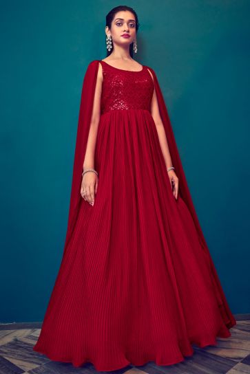 Red Color Lovely Look Georgette Readymade Gown With Dupatta