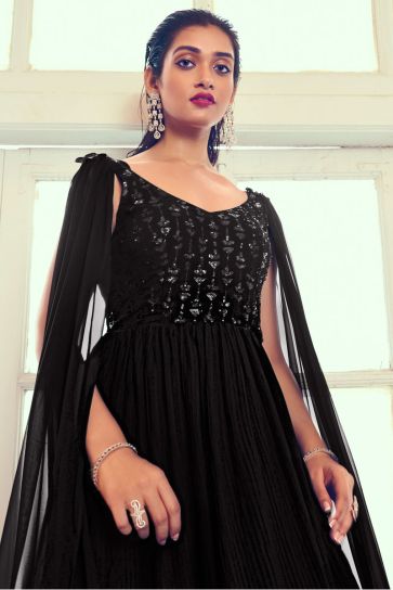 Black Color Enticing Georgette Readymade Gown With Dupatta