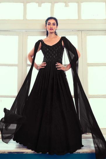 Black Color Enticing Georgette Readymade Gown With Dupatta