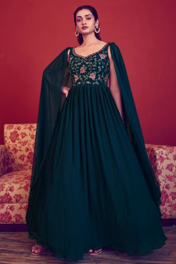 Georgette Fabric Sequins Work Readymade Gown With Dupatta In Teal Color