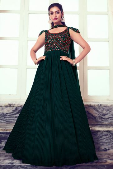 Dark Green Color Sequins Work Readymade Gown With Dupatta In Georgette Fabric