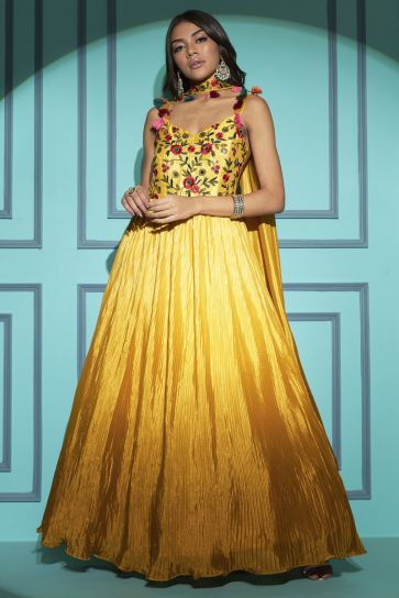 Party Wear Chinon Fabric Yellow Color Mesmeric Embroidered Readymade Long Gown