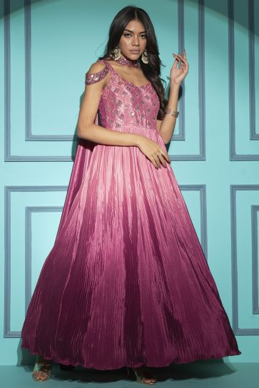 Pink Color Chinon Fabric Embroidered Party Wear Designer Readymade Gown