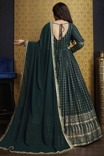 Radiant Green Color Function Wear Foil Work Georgette Readymade Gown With Dupatta