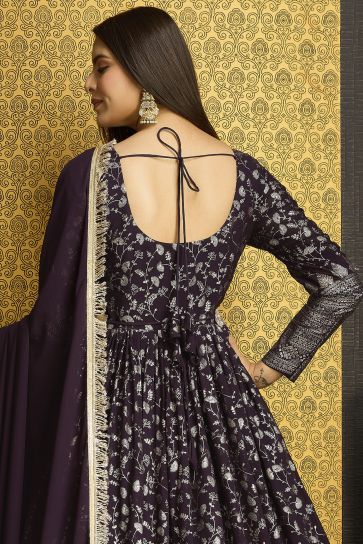 Blazing Purple Color Function Wear Foil Work Georgette Readymade Gown With Dupatta