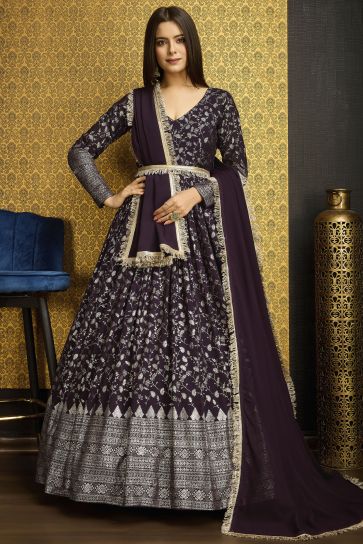 Blazing Purple Color Function Wear Foil Work Georgette Readymade Gown With Dupatta