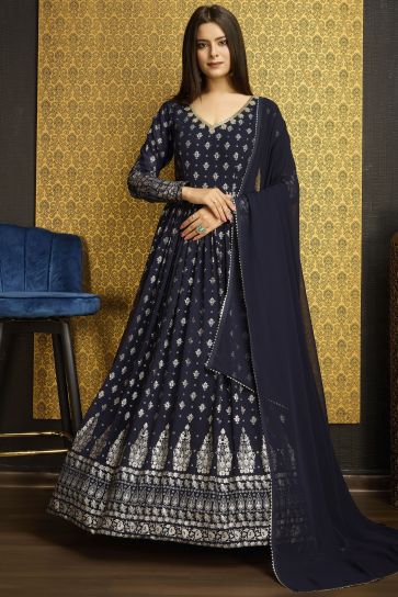 Graceful Function Wear Foil Work Navy Blue Color Georgette Readymade Gown With Dupatta