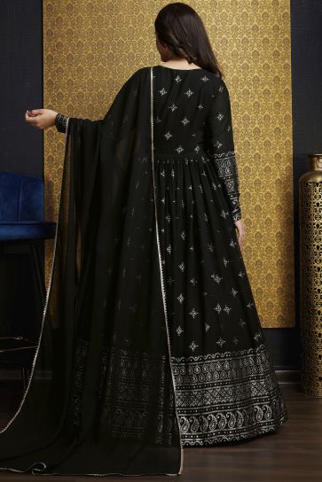 Attractive Function Wear Black Color Foil Work Georgette Readymade Gown With Dupatta