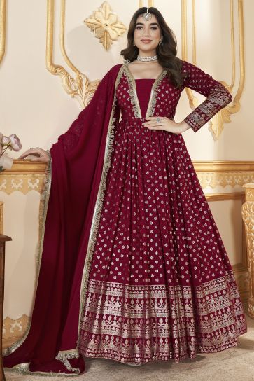 Foil Printed Red Color Readymade Gown With Dupatta