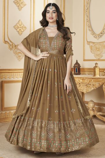 Mustard Color Foil Printed Readymade Gown With Dupatta