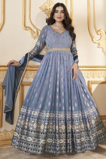 Grey Color Foil Printed Readymade Gown With Dupatta