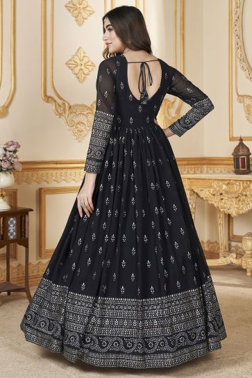 Attractive Navy Blue Color Georgette Fabric Foil Printed Readymade Gown With Dupatta