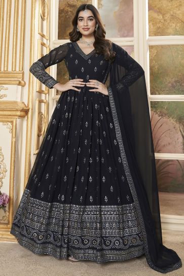 Attractive Navy Blue Color Georgette Fabric Foil Printed Readymade Gown With Dupatta