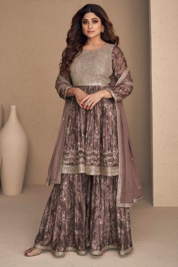 Shamita Shetty Excellent Chinon Fabric Wine Color Sharara Suit