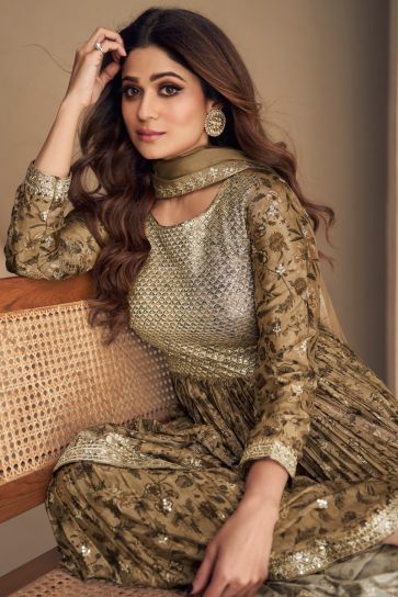 Shamita Shetty Brown Color Chinon Fabric Elegant Sharara Suit
