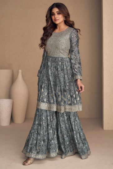 Shamita Shetty Grey Color Chinon Fabric Tempting Sharara Suit