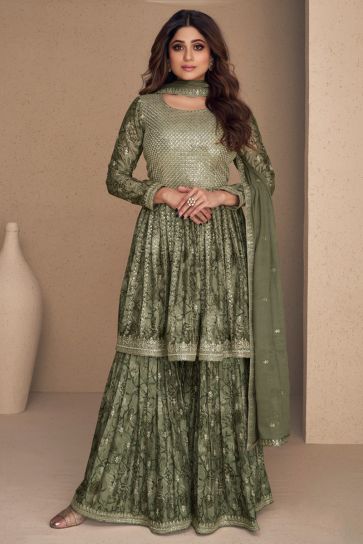 Shamita Shetty Charming Olive Color Chinon Fabric Sharara Suit