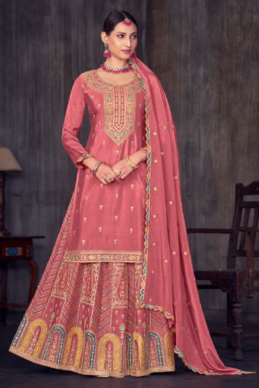 Chinon Fabric Embroidered Pink Color Sharara Top Lehenga For Function